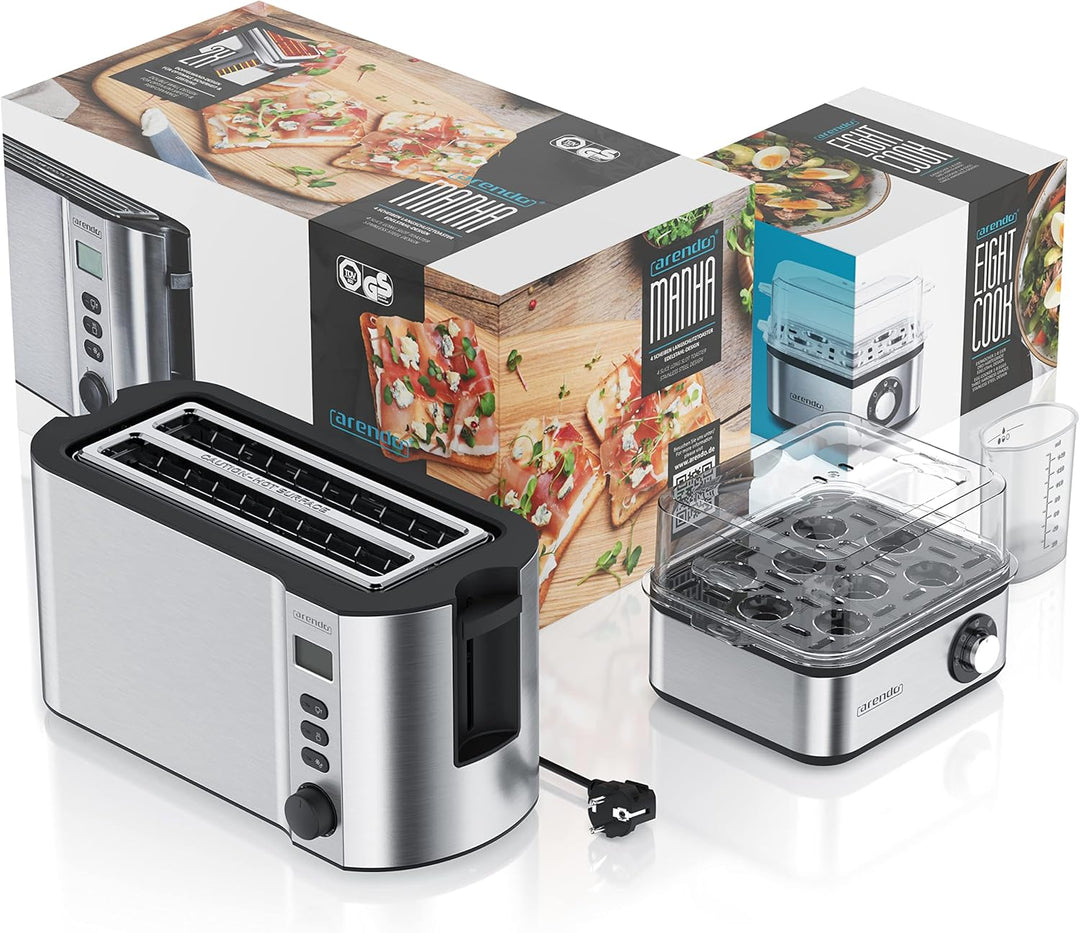 Arendo SET Toaster MANHA mit Eierkocher EIGHTCOOK Edelstahl Silber Toaster 4 Scheiben LED-Display 6