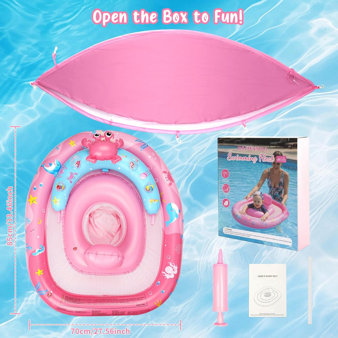 Baby-Schwimmring mit Sonnendach UPF 50+ Sonnenschutz, verstellbarer Sicherheitsgurt & Spielzeug, Auf