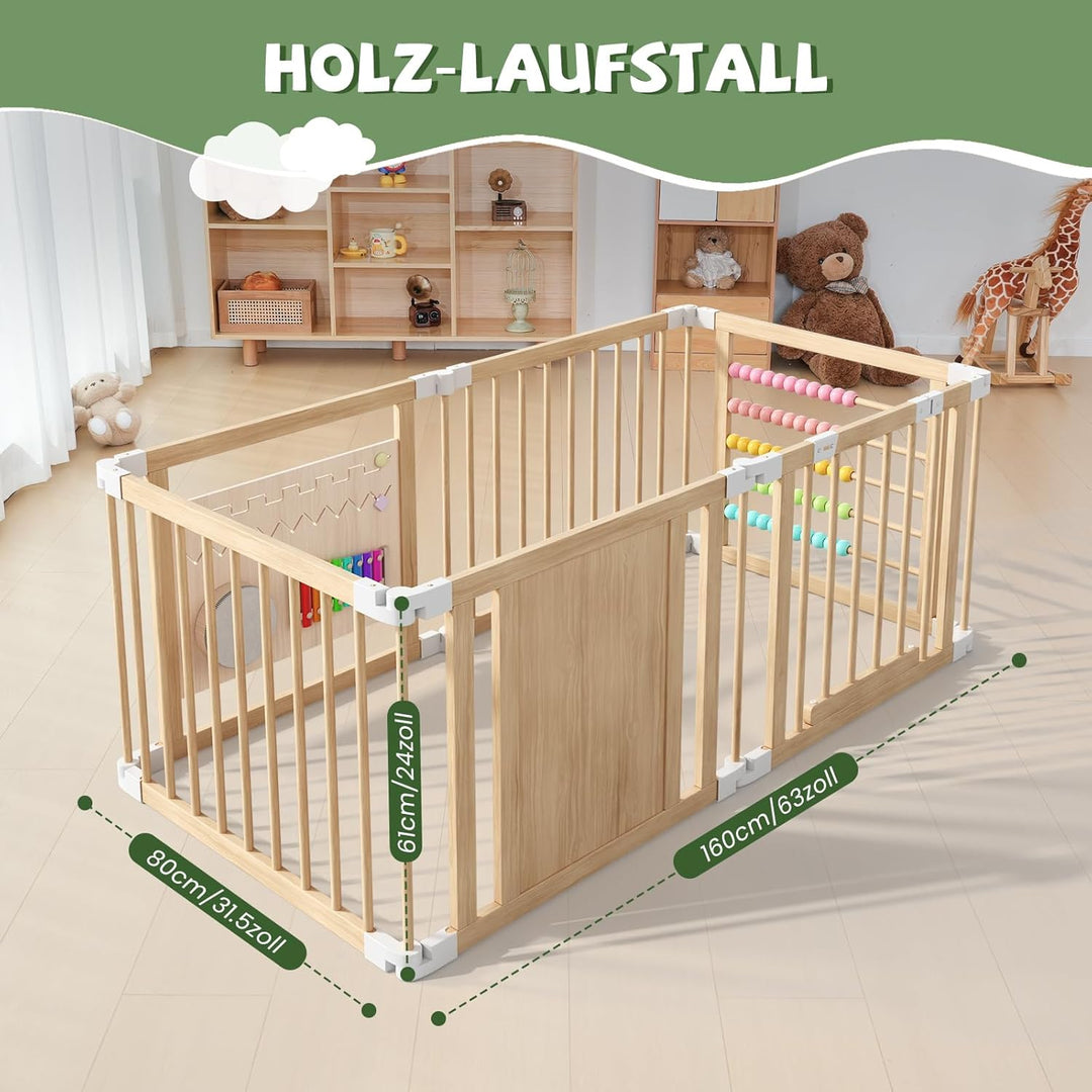 160x80x61cm Baby Laufgitter klappbar Laufstall Holz Kinder Activity Center mit Tür, musikalischem Sp