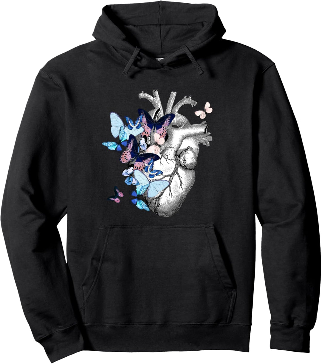 Anatomisches Herz mit blauen Schmetterlingen, menschliches Herz Zeichnung Pullover Hoodie
