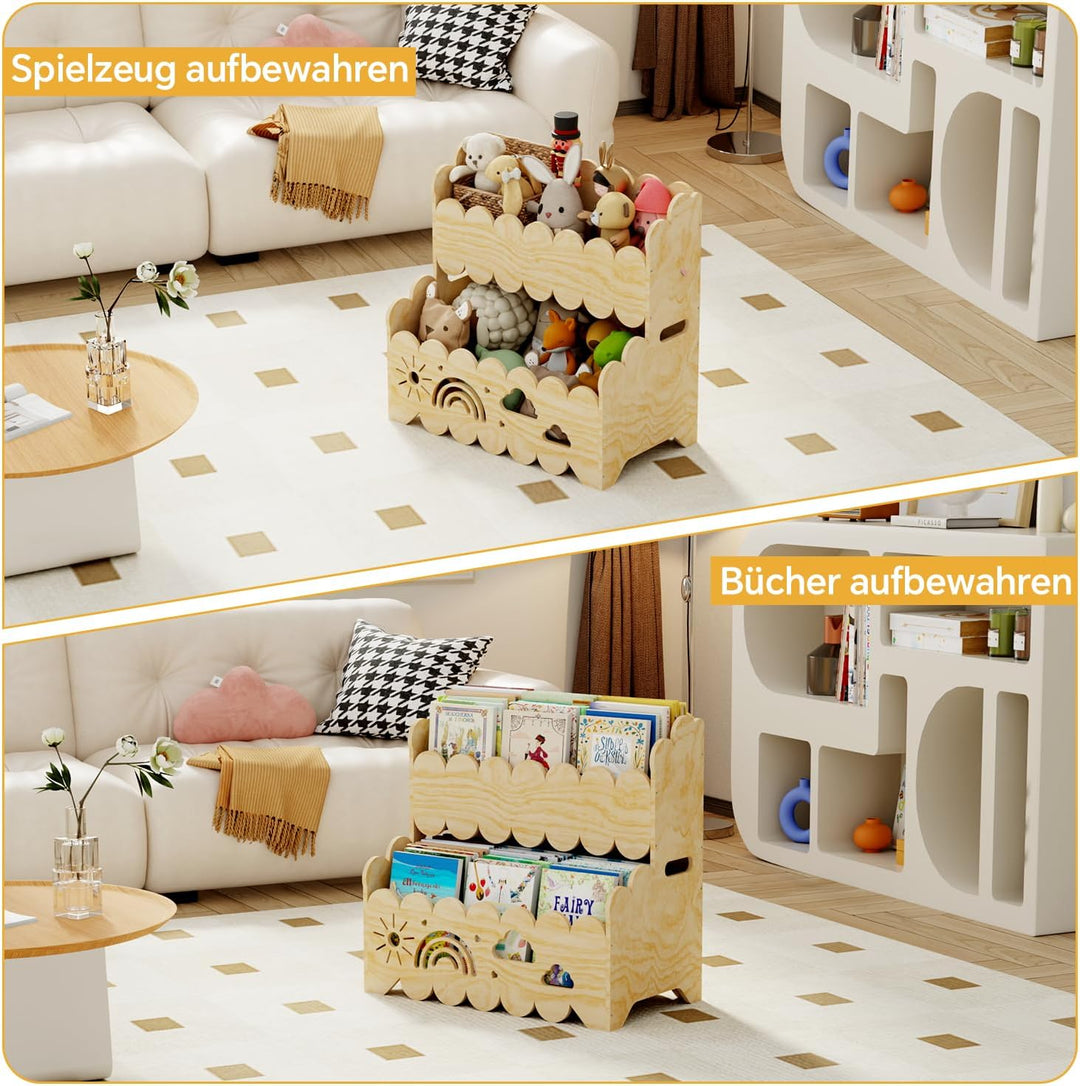 2-stöckiges Kinderbücherregal aus Holz, Montessori-Bücherregal, Geeignet für Kinderzimmer, Kindergar
