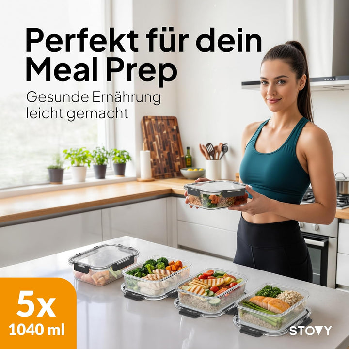 STOVY® Meal Prep Boxen Glas - 5x 1040ml I Glasbehälter mit Deckel - Ideal für komplette Mahlzeiten I