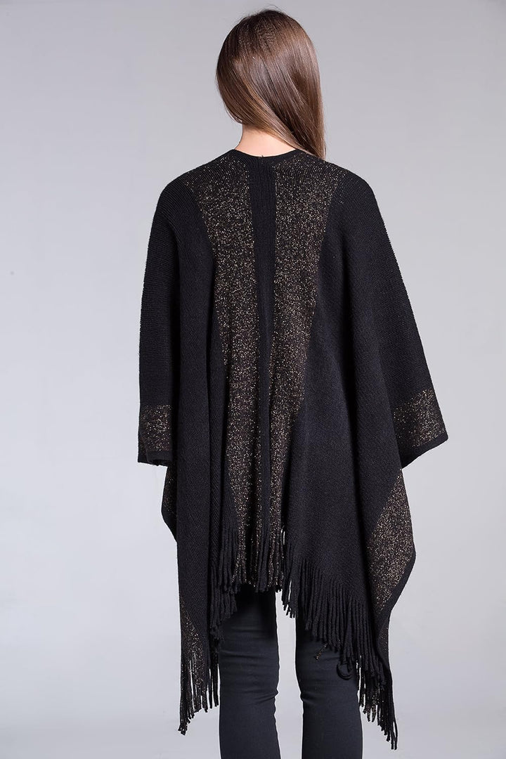 ZLYC Damen Weiche Schlichte Poncho Capes Retro Cardigans Pullover Schwarz, Schwarz