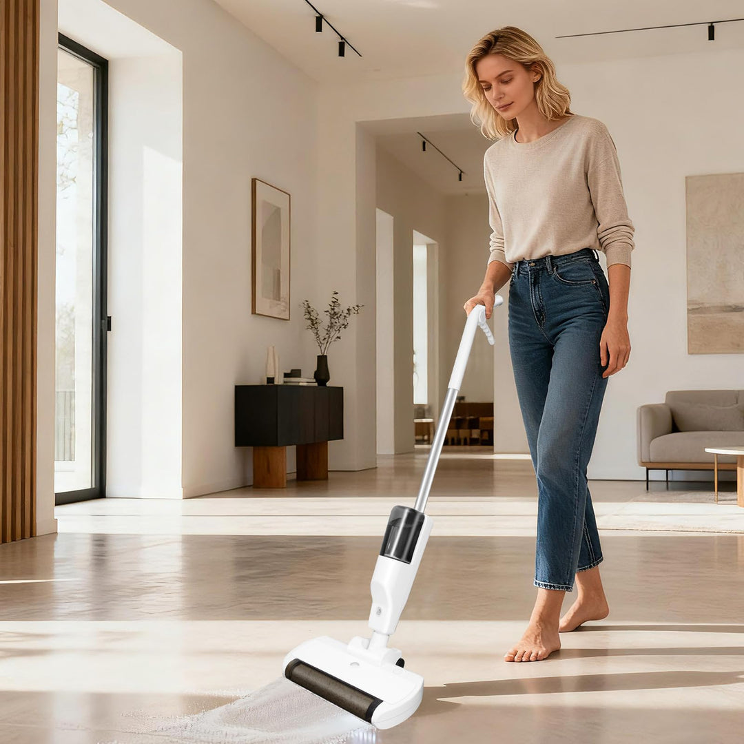 Elektro-Wischmopp & Scheuersauger 4-in-1 mit integriertem Sauger & rotierender Bürste für Hartböden,
