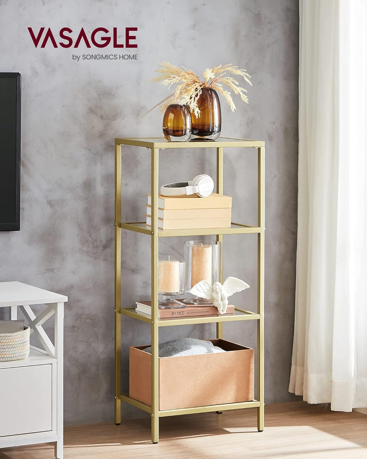 VASAGLE Regal mit 4 Ablagen, Badregal, gehärtetes Glas, einfache Montage, für Badezimmer, Wohnzimmer