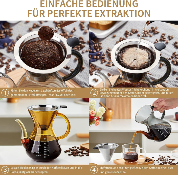 MESNEY Handfilter Kaffeekanne 800ml – Glas Kaffeebereiter mit Edelstahlfilter, Wiederverwendbarer Pe