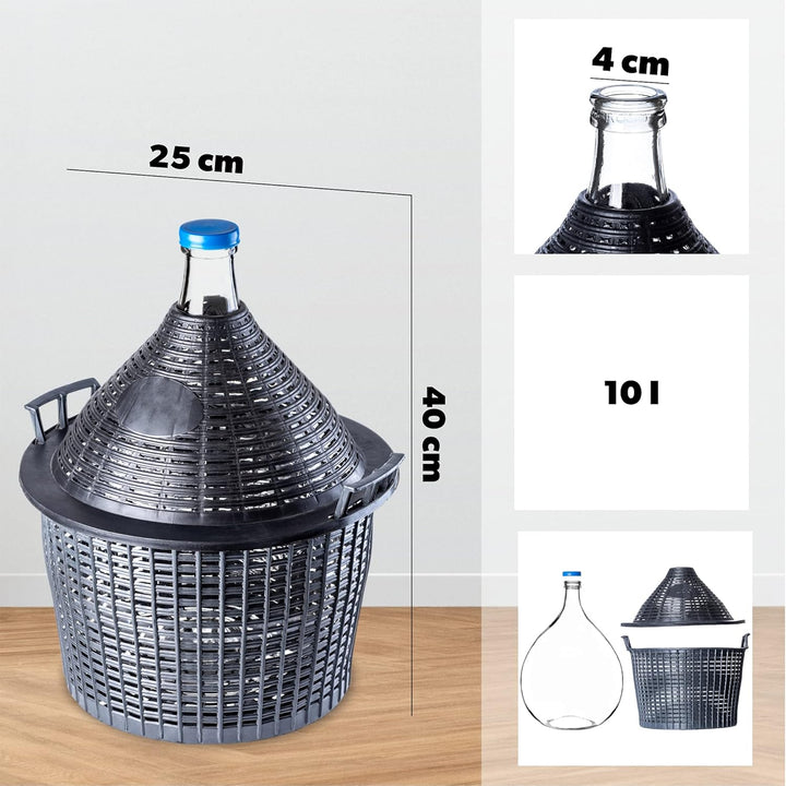 KADAX Glasballon 10L, Gärballon mit Kunststoffkorb, Gummistopfen, schmale Öffnung, Weinballon, Flasc
