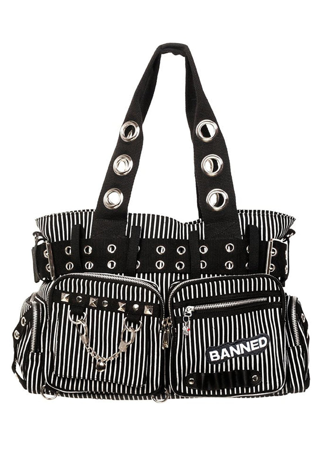 Banned Damen Handtasche mit Handschellen-Details, Rockabilly-Look, Leinwand L Mehrfarbig, L Mehrfarb