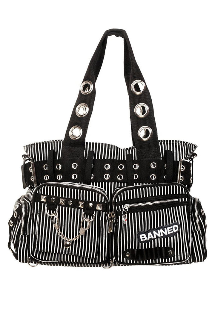 Banned Damen Handtasche mit Handschellen-Details, Rockabilly-Look, Leinwand L Mehrfarbig, L Mehrfarb