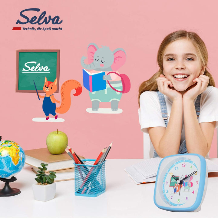 SELVA Quarzwecker für die Einschulung mit Eichhörnchen und Elefant Motiv blau/weiss. Schleichende Se