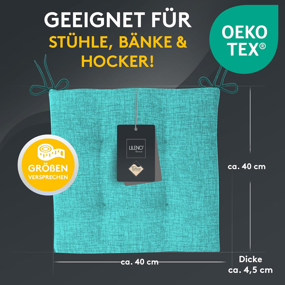 LILENO HOME 2er Set Stuhlkissen Aqua (40x40x4,5 cm) - Sitzkissen für Gartenstuhl, Küche oder Esszimm