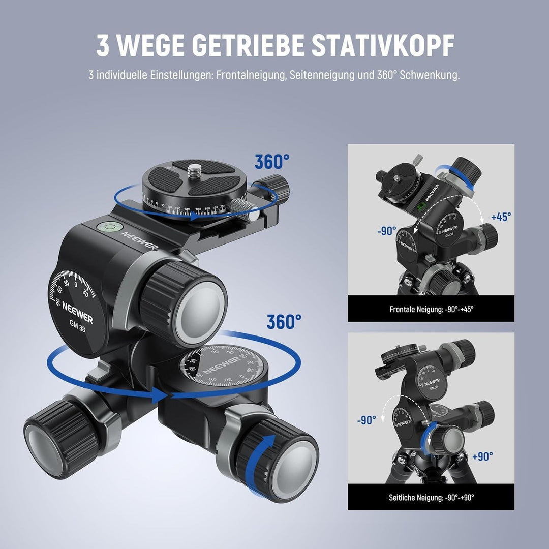 NEEWER TH15 3-Wege-Getriebe-Stativkopf mit 360°-Panorama-Arca-QR-Platte, Millimeter-Mikroeinstellung