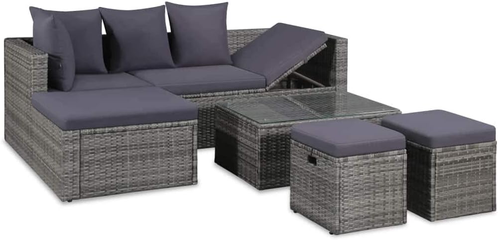 Tidyard Garten-Sofagarnitur 14-TLG. Poly Rattan Sofagruppe Grau, inkl 1 Sofa + 2 Couchtisch +2 Hocke