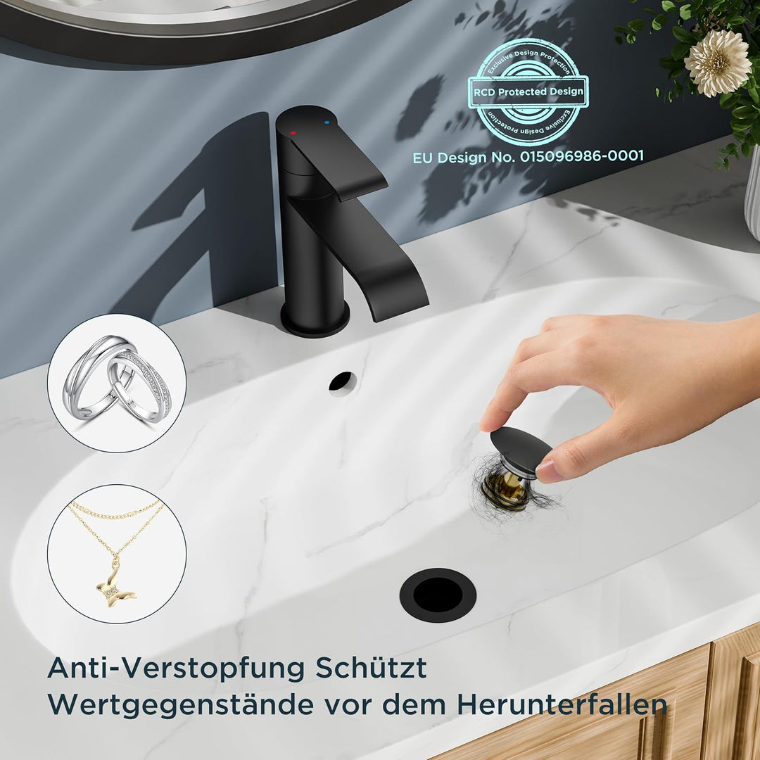 FORIOUS Wasserhahn Bad schwarz mit Ablaufgarnitur, Waschtischarmatur Einhandmischer – Hochwertige Wa