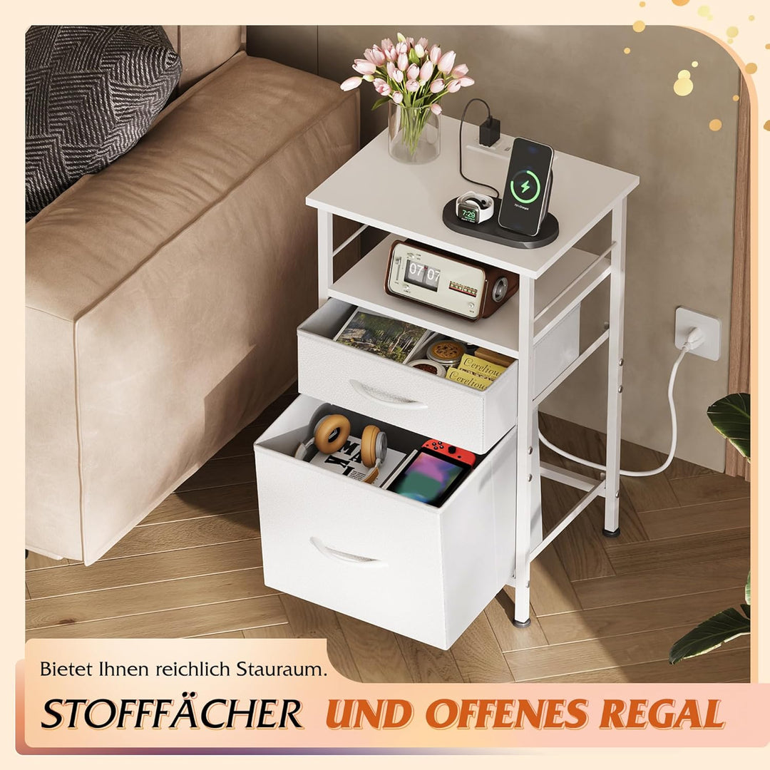 WLIVE Nachttisch Weiss mit Steckdose, Beistelltisch mit 2 Stoff-Schubladen und Ablage, Metallrahmen,