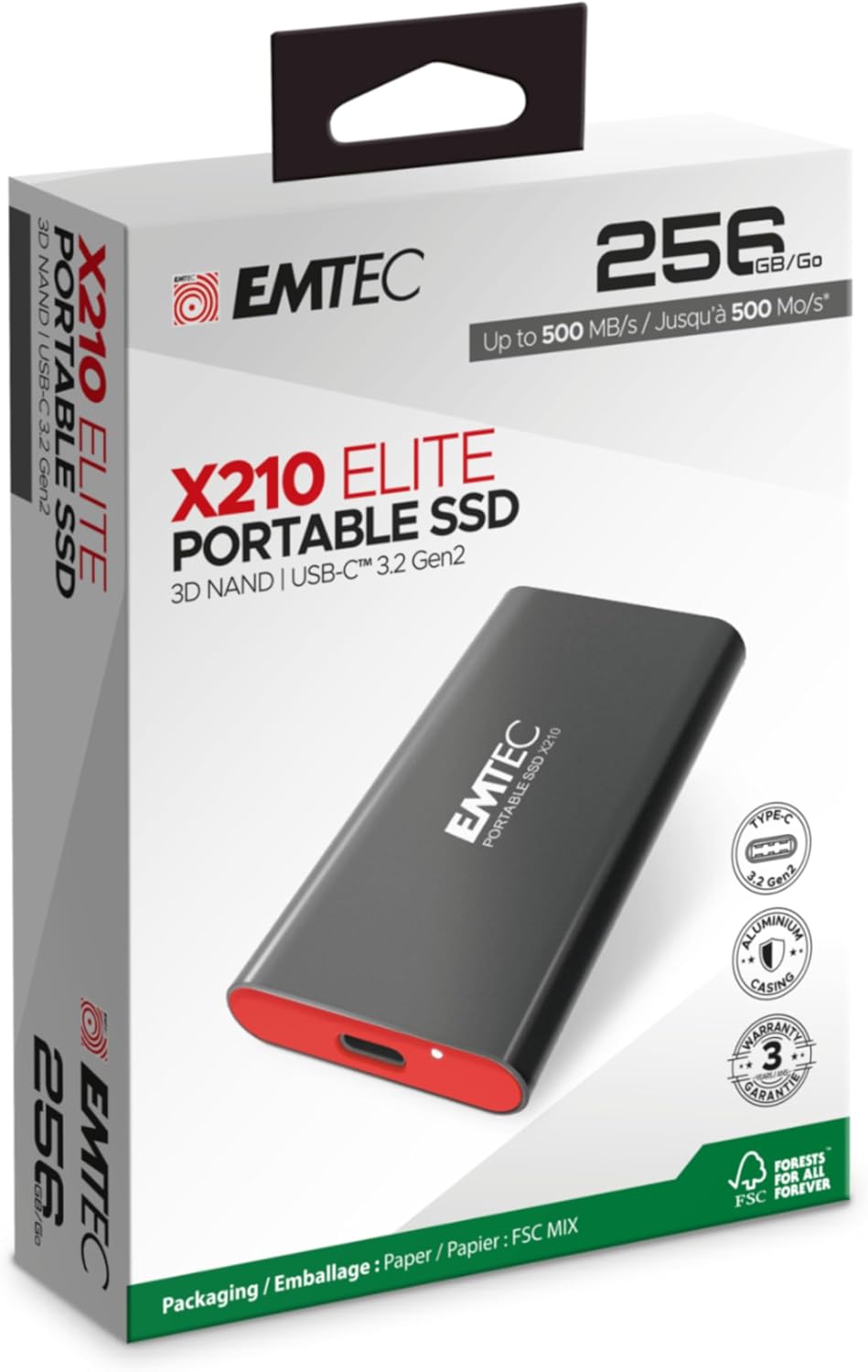 Emtec Externe SSD X210 Elite 256 GB – SSD Schnittstelle USB-C 3.2 Gen2 – abwärtskompatibel mit USB 3