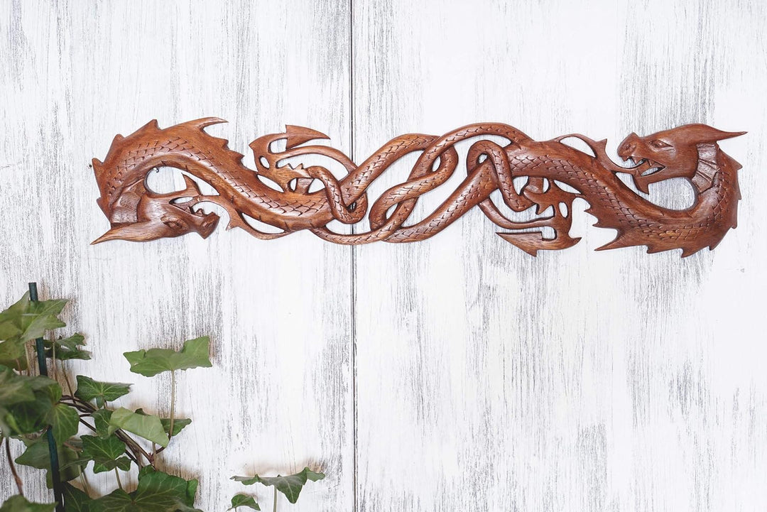Windalf Handmade Celtic Wandbild Holzornament THORAS 50 cm Zwei Drachen Wandrelief Holz