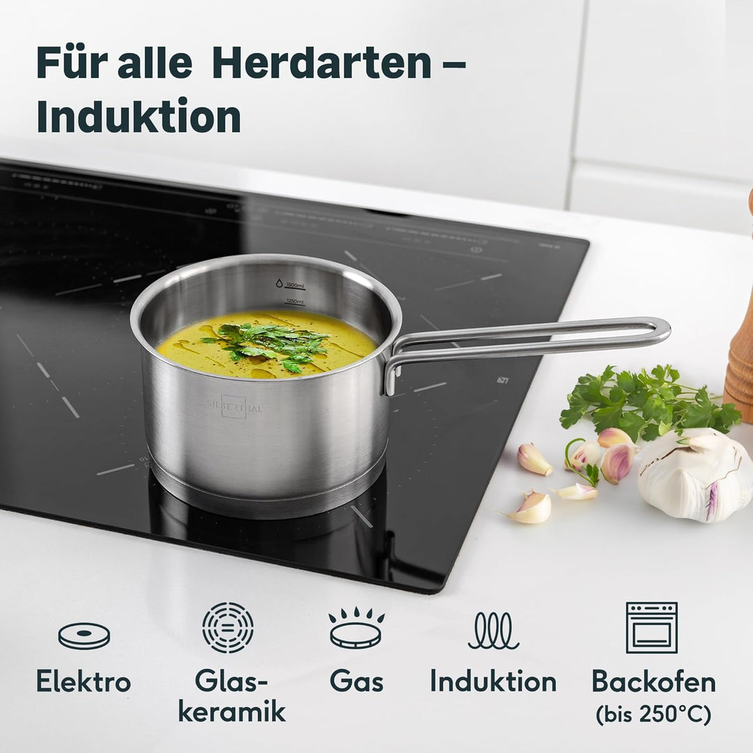 SILBERTHAL Stielkasserolle Induktion 16 cm - Edelstahl Kochtopf mit Stiel klein - 2l - Milchtopf - F