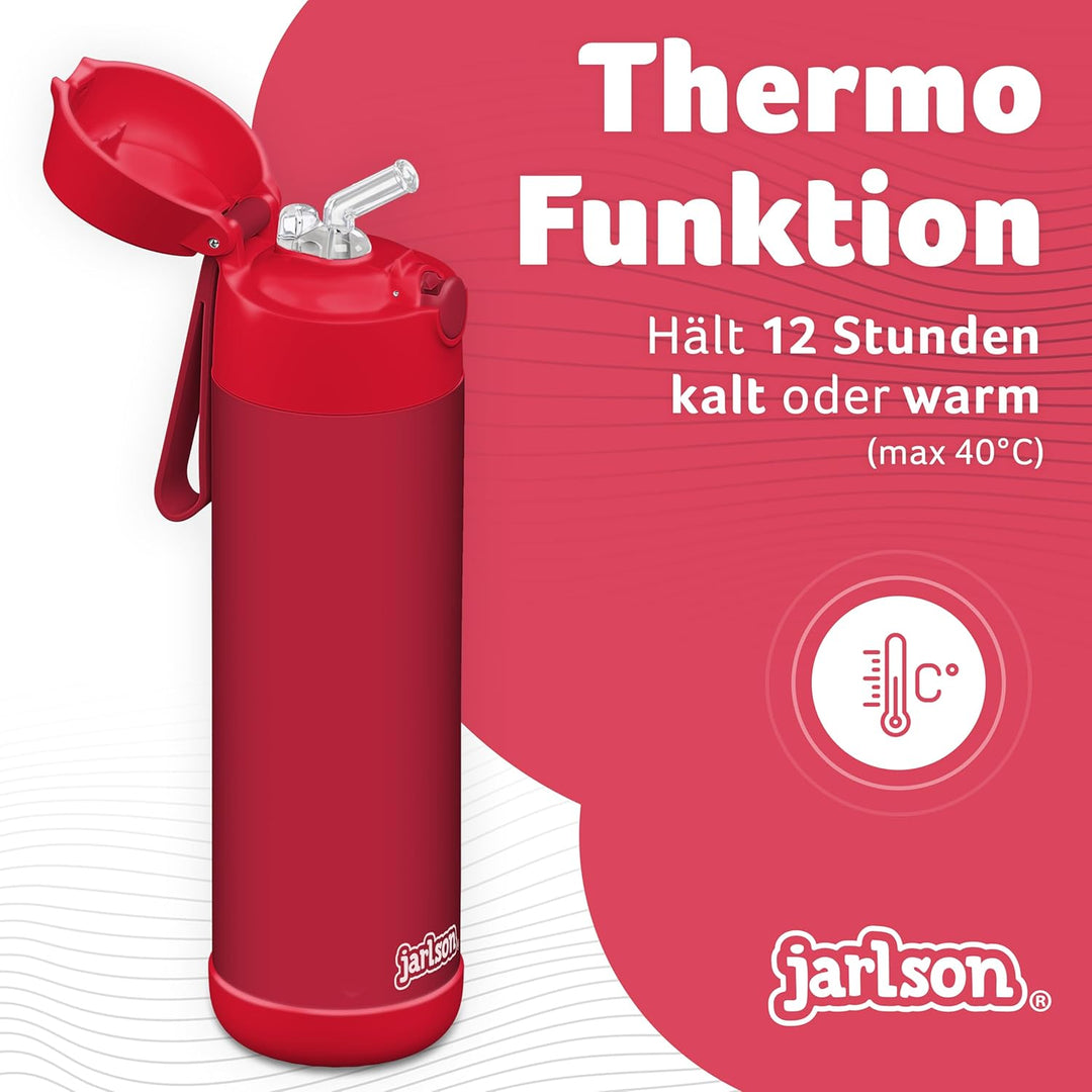 JARLSON® Trinkflasche Kinder Edelstahl "CHARLI" mit Strohhalm - Thermosflasche 350ml - TÜV geprüft -