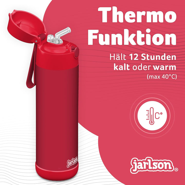 JARLSON® Trinkflasche Kinder Edelstahl "CHARLI" mit Strohhalm - Thermosflasche 350ml - TÜV geprüft -