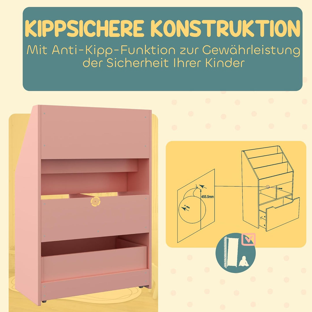 HOMCOM Kinder Bücherregal Kinderregal mit Schublade, 3 Ablagefächern und 2 offenen Fächern, Aufbewah