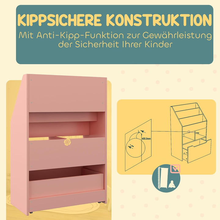 HOMCOM Kinder Bücherregal Kinderregal mit Schublade, 3 Ablagefächern und 2 offenen Fächern, Aufbewah