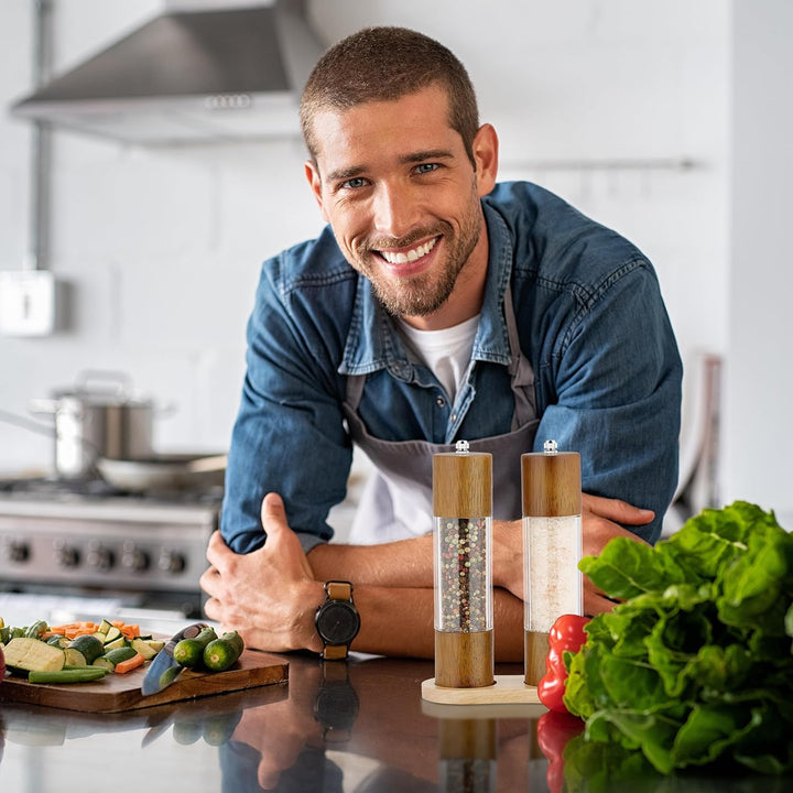 Relaxdays Salz-und Pfeffermühle 2er Set, Untersetzer, Keramikmahlwerk, Holz & Acryl, manuelle Mühlen