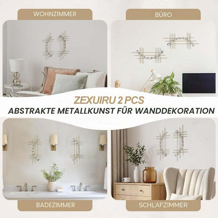 ZEXUIRU 2 Set Bling Metall Wandkunst Jeweled Kristall Hängen Wand Dekor Strass Diamant Iren Abstrakt