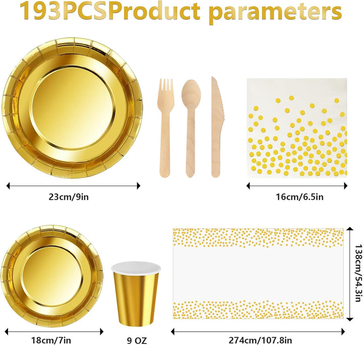 193Stück Gold Partygeschirr,Partyzubehör Pappteller Set, Papier Geschirr Set einschliesslich Einweg