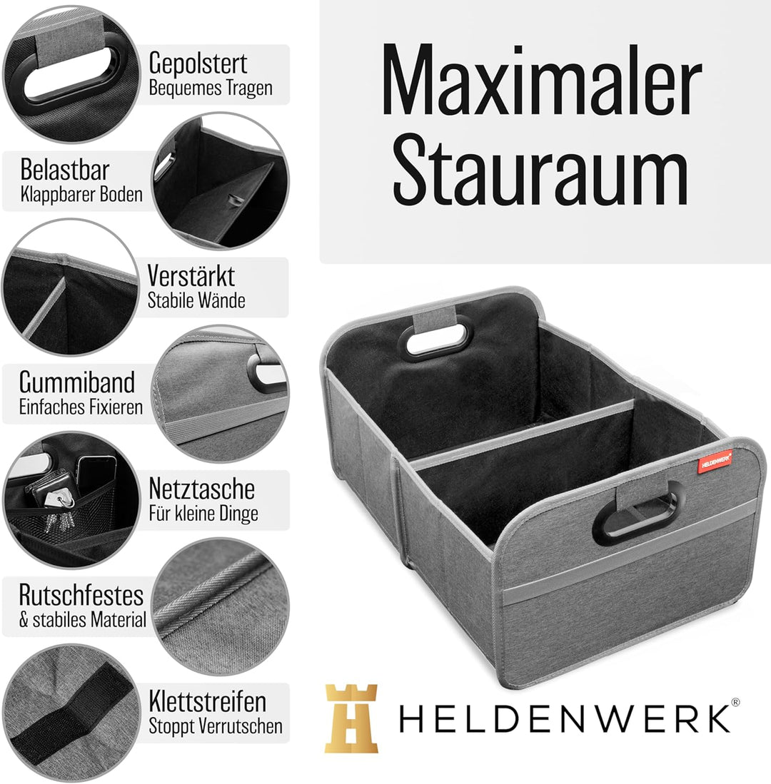 HELDENWERK Kofferraumtasche faltbar mit Anti-Rutsch-Klett - Kofferraum-Organizer, Auto Faltbox, Eink