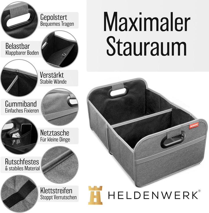 HELDENWERK Kofferraumtasche faltbar mit Anti-Rutsch-Klett - Kofferraum-Organizer, Auto Faltbox, Eink