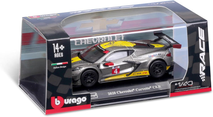 Bburago – Chevrolet Corvette C8.R 2020 mit Vitrine im Massstab 1:43, Diecast-Modell in Metallic-Grau