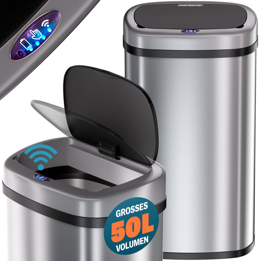 Monzana® Mülleimer mit Sensor Küche 50L Edelstahl Elektrisch Deckel Klemmring inkl. USB-Kabel Abfall