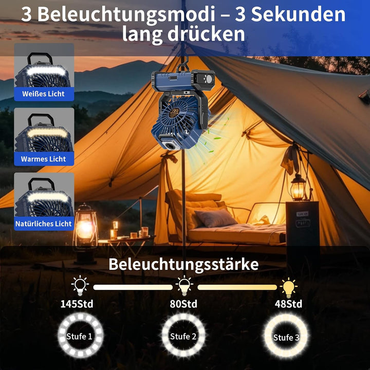 Ventilator Camping mit Sprühnebel, Akku Ventilator 20000mAh mit LED Licht, Haken, 270° Drehung, Trag