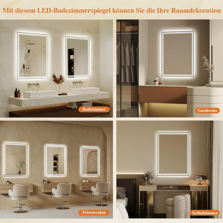 Badspiegel-mit-Beleuchtung 40x60cm LED Badezimmer-Spiegel mit Beschlagfrei, Touch-Schalter, 3 Lichtf