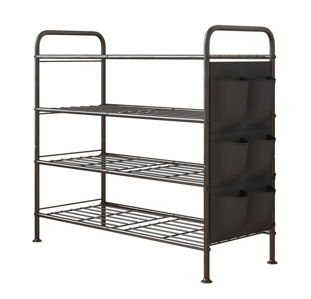 Schuhregal 4 Ebenen Schuhaufbewahrung Organizer Metall mit Seitentaschen für Flur, Schlafzimmer (Sch