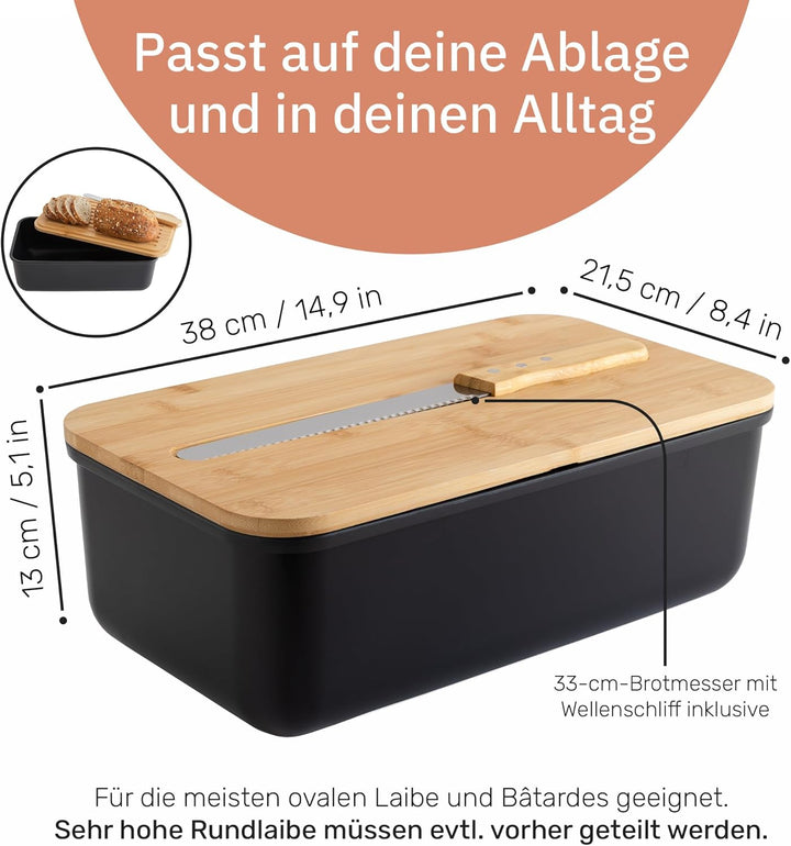 UCO Brotkasten Schwarz 38 cm mit Schneidebrett-Deckel und Messer, inklusive Stoff-Brotbeutel, Brot A