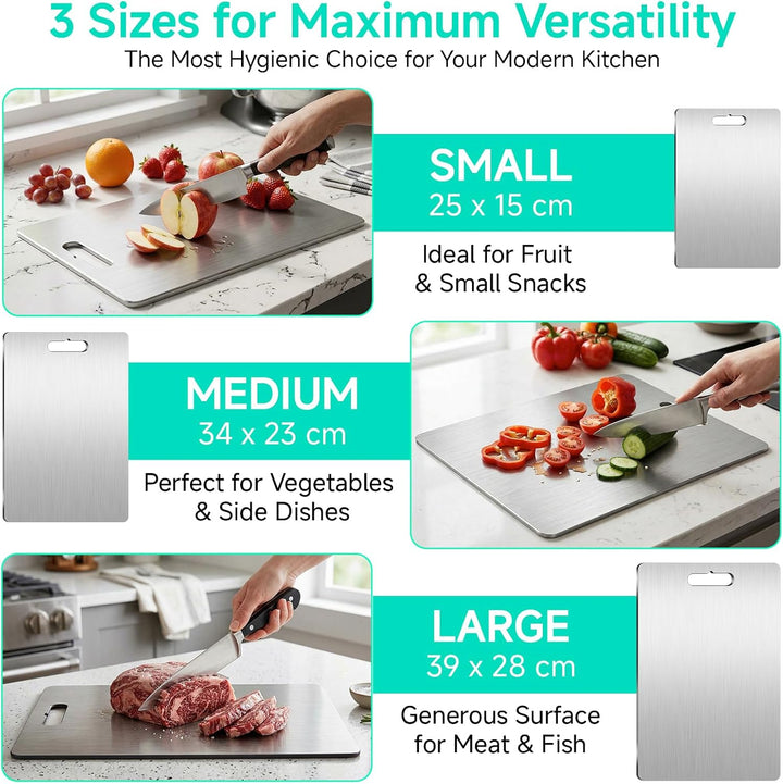 3 Stück Titan Schneidebrett Edelstahl Schneidebrett Set, Titanium Cutting Board Mit Schwamm und Spar