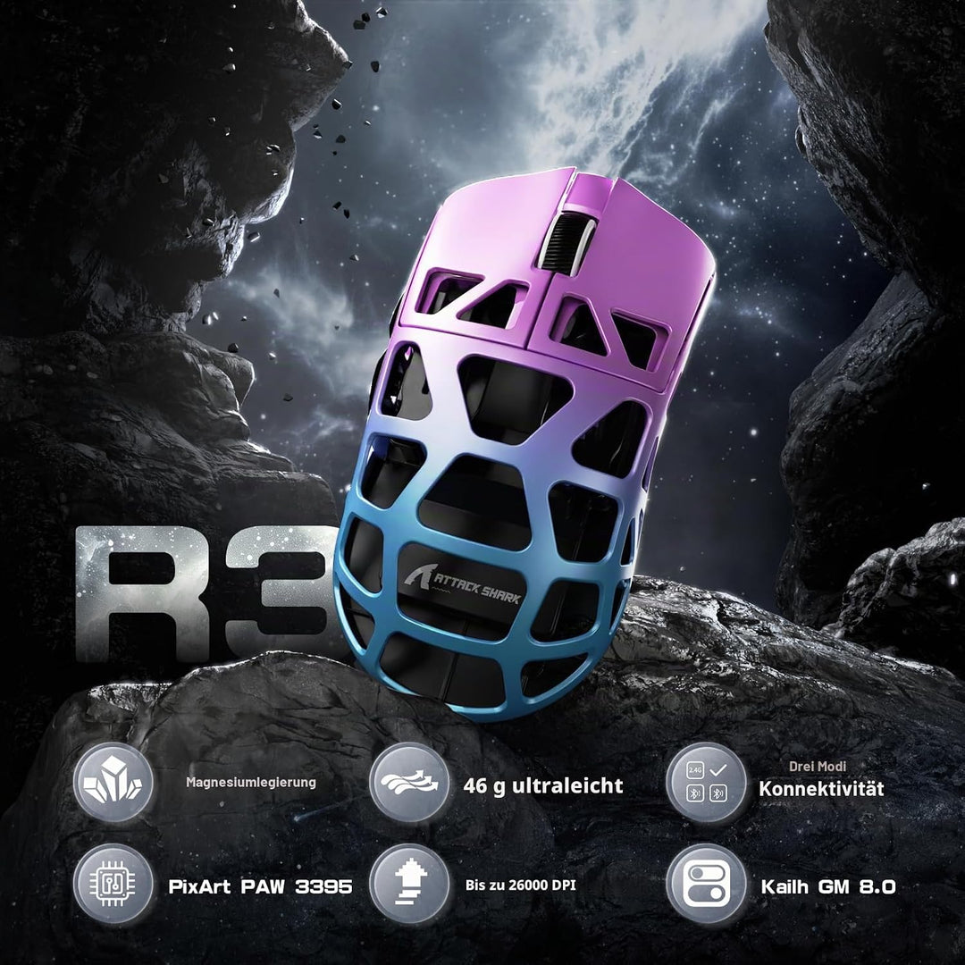 ATTACK SHARK R3PRO 46g Superlight Magnesiumlegierung Maus, 8000Hz Kabellose Abfragerate, 26000 DPI,