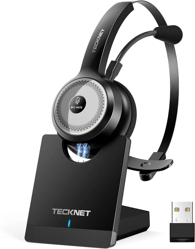 TECKNET Bluetooth Headset mit Mikrofon, PC Headset mit AI Rauschunterdrückung, kabelloses Headset mi