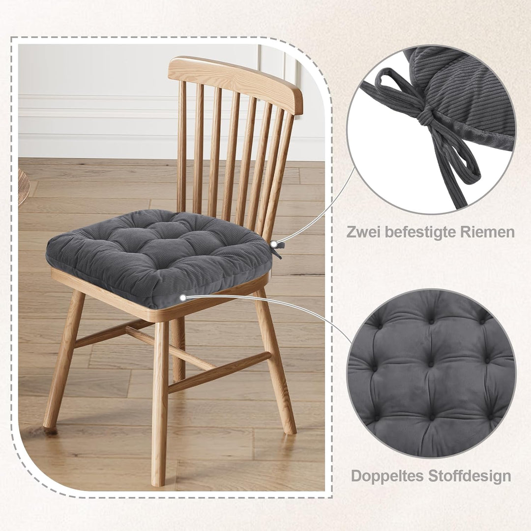 2er Set Stuhlkissen, 40x40x7 cm, Anthrazit – Bequeme Sitzkissen aus Cordstoff und Kristallsamt mit B