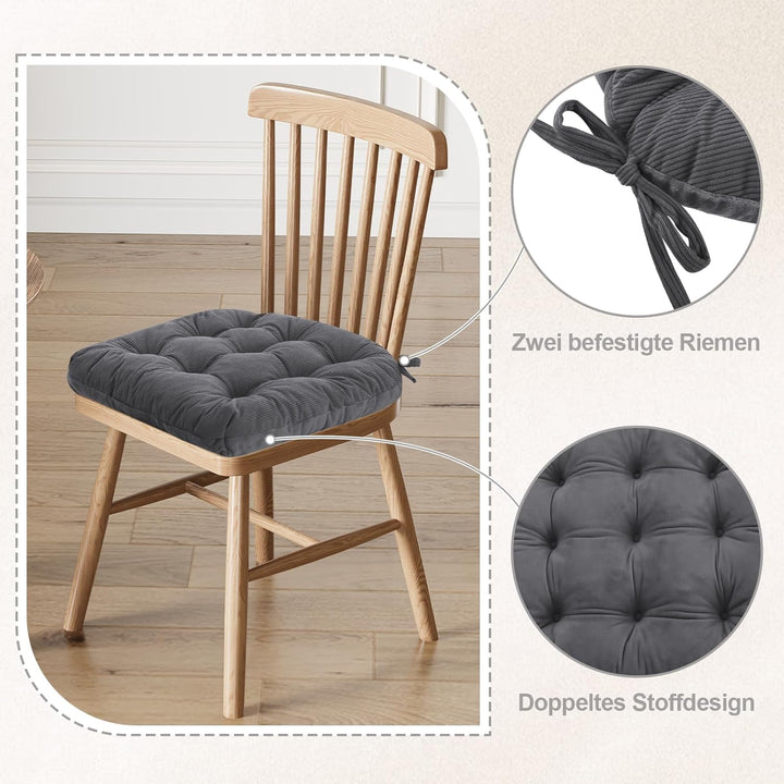 2er Set Stuhlkissen, 40x40x7 cm, Anthrazit – Bequeme Sitzkissen aus Cordstoff und Kristallsamt mit B