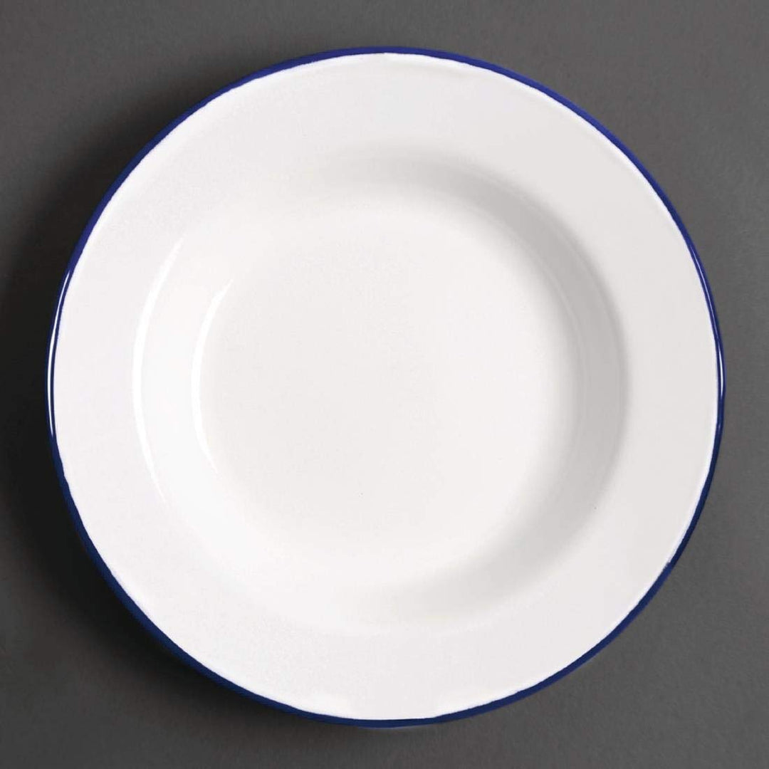 Olympia Emaille Suppenteller Set 245 mm/9 5/8 inch (6er Pack), Weiss mit blauem Rand, Emaillierte St
