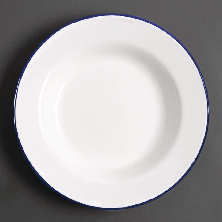 Olympia Emaille Suppenteller Set 245 mm/9 5/8 inch (6er Pack), Weiss mit blauem Rand, Emaillierte St