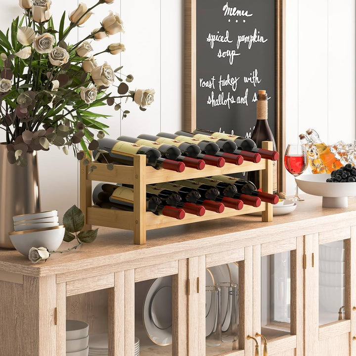 COSTWAY Weinregal Bambus für 12 Flaschen, Flaschenregal mit 2 Etagen, Flaschenhalter für Keller, Küc