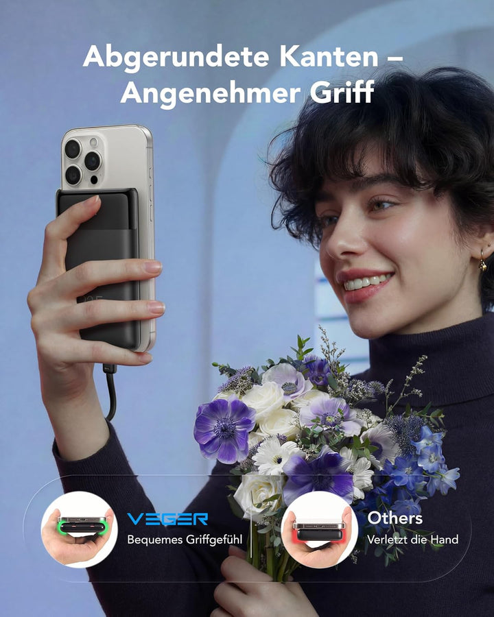 VEGER Power Bank 10000mAh Klein, 22.5W Schnellladung PowerBank mit Integriertem USB-C Kabel, Externe