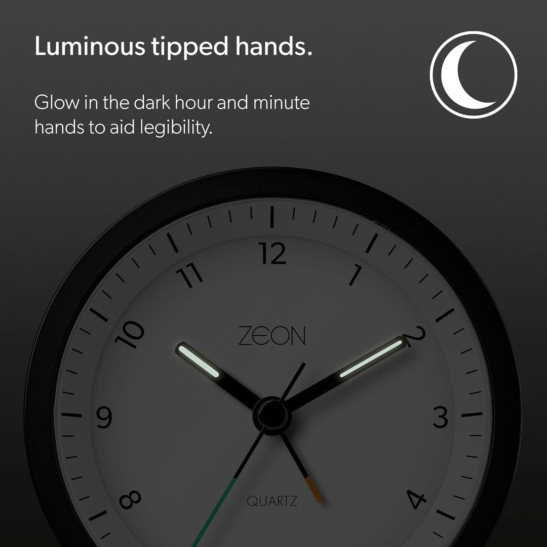 ZEON runder analoger Wecker mit Licht- und Schlummerfunktion, geräuschloser, batteriebetriebener Nac