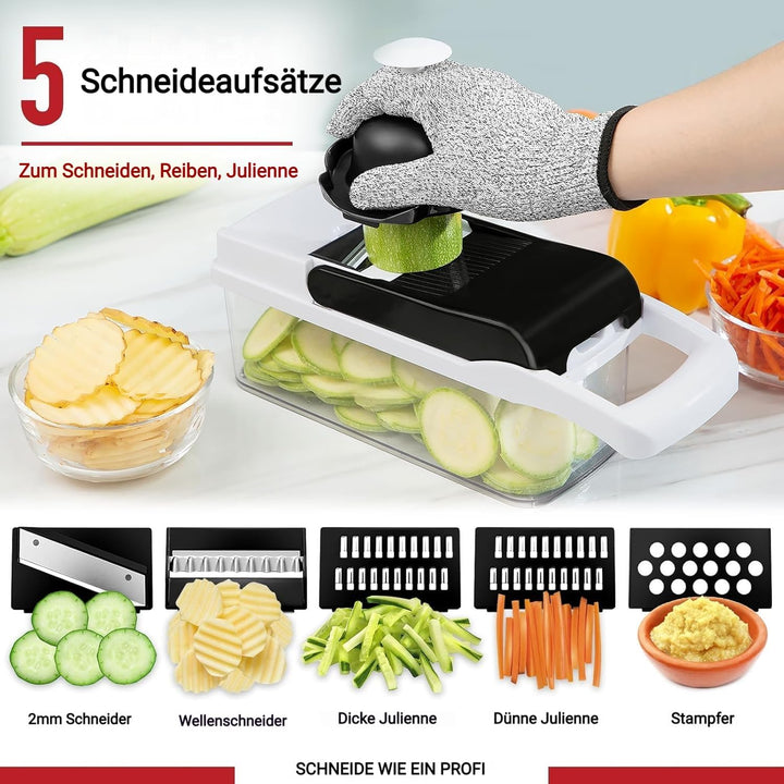 25-in-1 Multifunktionaler Gemüseschneider, 13 Lebensmittelqualitäts-Edelstahlklingen, Schneider-Würf