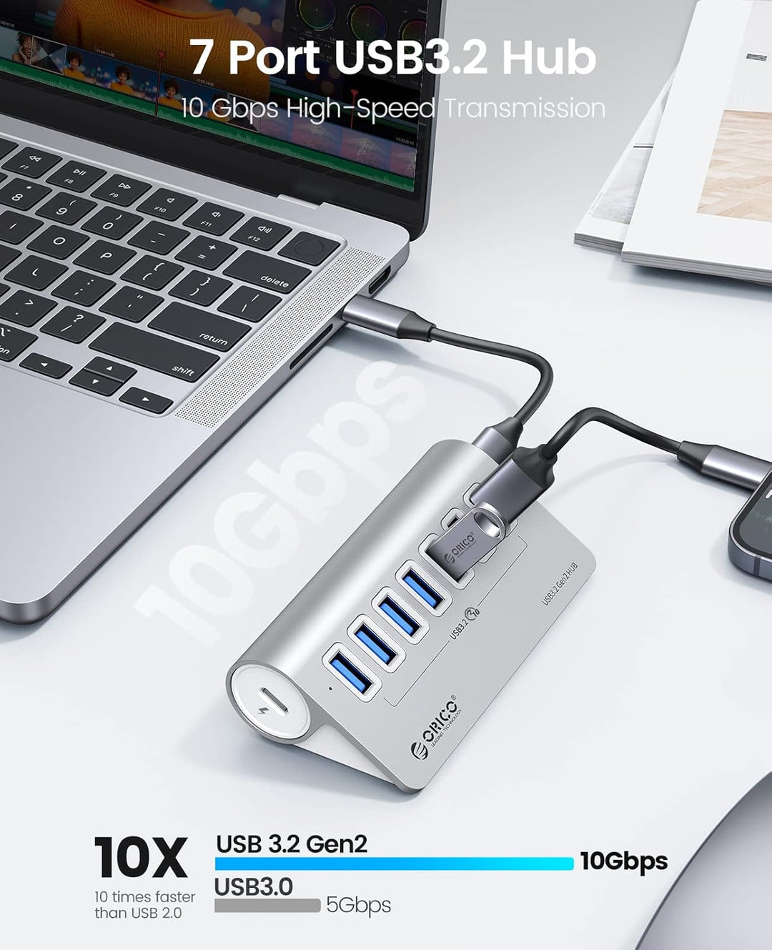 USB C Hub, ORICO USB 3.2 Gen 2 Hub, USB Verteiler 7 Port mit 10Gbps High Speed Datenübertragung, Alu