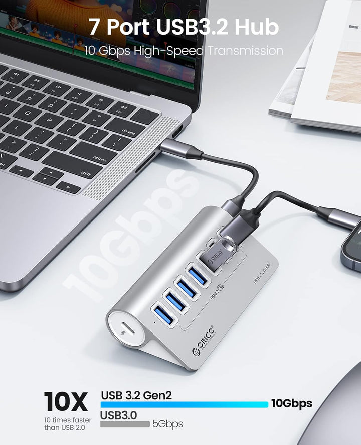 USB C Hub, ORICO USB 3.2 Gen 2 Hub, USB Verteiler 7 Port mit 10Gbps High Speed Datenübertragung, Alu